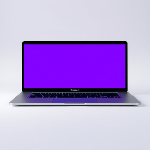 Create a high-resolution image of a sleek silver laptop with a blank purple screen, using a Canon EOS 5D Mark IV, 50mm f/1.8 lens, aperture f/2.8, ISO 100, with soft diffused lighting from the front, shooting at eye level in a minimalistic style.