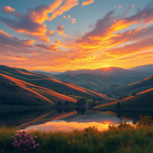 Create a detailed illustration of a serene landscape featuring rolling hills and a tranquil lake at sunrise, with vibrant colors and reflections on the water, shot with a Canon EOS 5D Mark IV, 50mm lens, f/11 aperture, ISO 100, with a slight tilt-shift effect for depth of field.