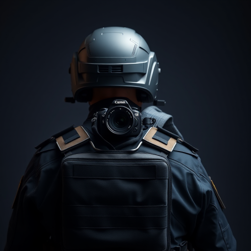 Generate an image of a police officer in tactical gear standing from the back, DSLR camera, 50mm lens, aperture f/1.8, ISO 200, shallow depth of field, high-resolution, studio lighting.