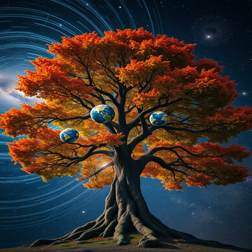 A majestic tree with vibrant leaves and planets embedded in its branches, set against a cosmic backdrop with swirling galaxies and stars, captured with a DSLR camera at f/1.8, ISO 100, 24mm lens, in a wide-angle view to enhance depth and detail.