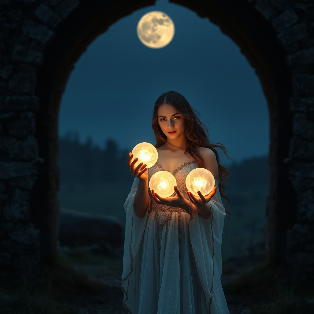 regenerate a fantasy scene featuring a mystical woman holding glowing orbs, set in an ancient stone archway with a full moon in the background, use a Canon EOS R5 camera, aperture f/1.8, shutter speed 1/60s, ISO 100, 50mm lens, soft focus style, high dynamic range for enhanced image quality