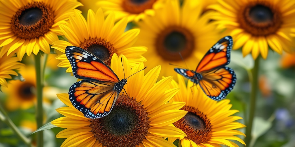Create an image of vibrant sunflowers with large, colorful butterflies resting on them. The sunflowers should be bright yellow with dark centers, and the butterflies should feature a mix of orange and blue hues. The background should be softly blurred to emphasize the flowers and butterflies, giving a warm, sunny atmosphere.