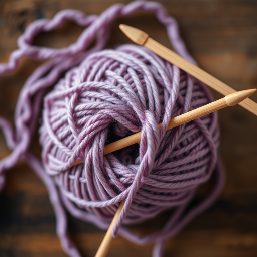 Create a high-resolution image of a ball of yarn with knitting needles using a DSLR camera, 50mm lens, f/2.8 aperture, ISO 100, 1/125 sec exposure, top-down view with soft natural lighting to enhance textures and details.