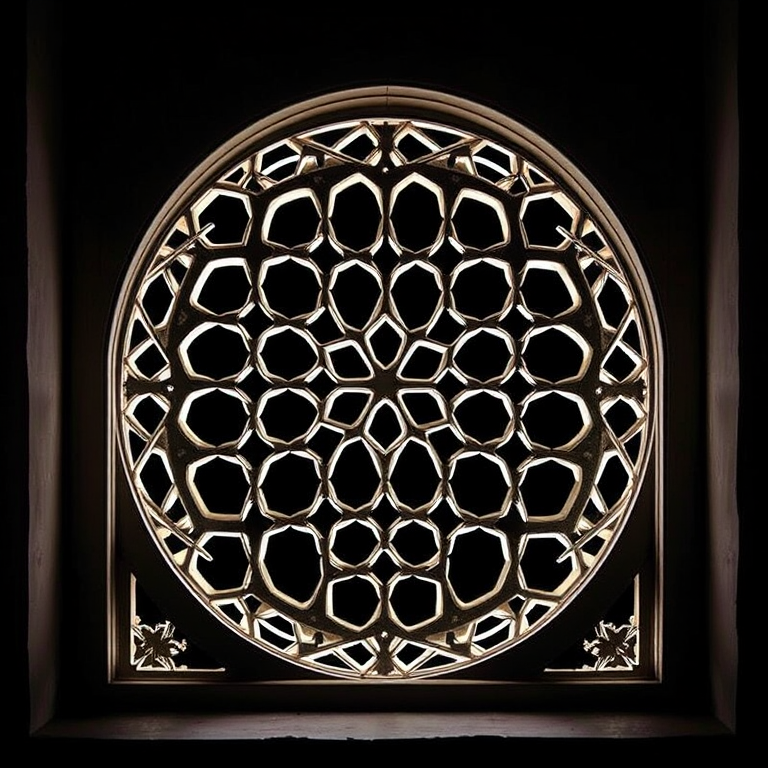 Regenerate the pattern of an intricate geometric lattice design in an arched window frame with a dark background, using a DSLR camera with a 50mm lens, aperture set to f/1.8, ISO 100, and a shallow depth of field for enhanced clarity and detail.