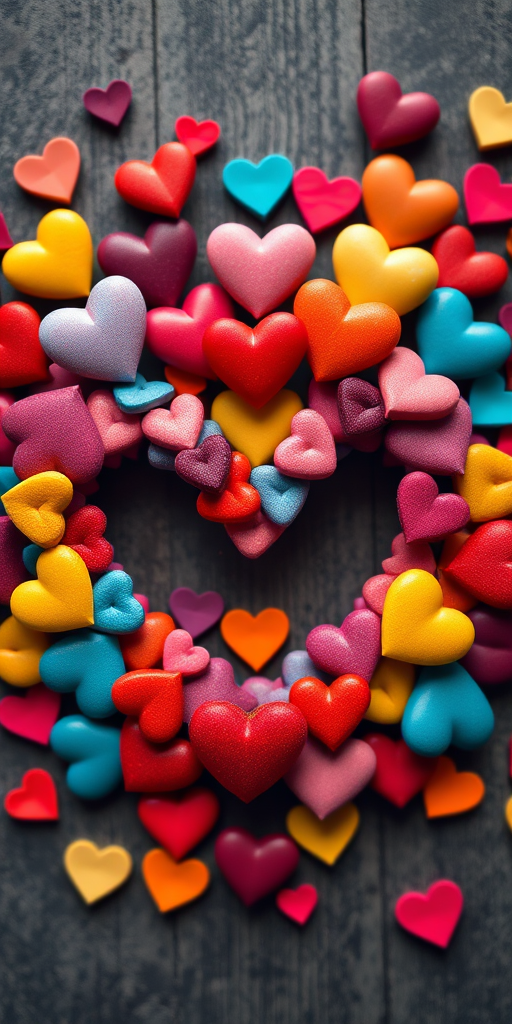 Create a vibrant infinity symbol composed of multicolored hearts, macro lens, f/2.8 aperture, 1/125s shutter speed, ISO 100, taken with a DSLR camera, top-down view, with high saturation and contrast for enhanced image quality.