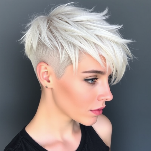 Striking platinum blonde pixie cut called "Arctic Frost," boasts an edgy asymmetrical design with longer strands on one side, expertly textured and tousled for a modern, effortless look, incorporating icy blue undertones that add depth and dimension to the ultra-short style