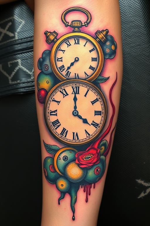 Surrealist "Melting Clock" tattoo inspired by Salvador Dali, featuring distorted timepieces and dreamlike imagery in a mix of soft pastels and bold primary colors