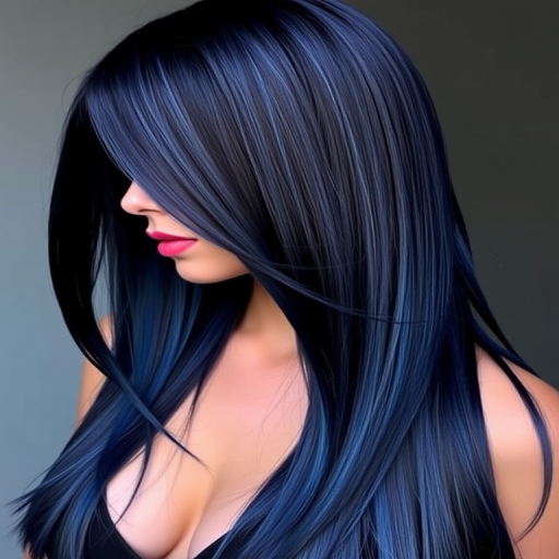 Enigmatic silhouette features Midnight Sapphire long hair, deep navy blue base with subtle lighter blue highlights, styled in sleek straight strands with an ultra-shiny finish