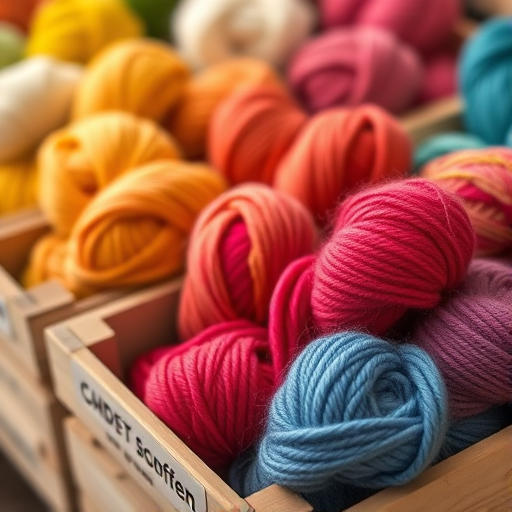 Photograph a vibrant arrangement of colorful yarn skeins in wooden crates, using a DSLR camera with a 50mm lens, aperture set to f/2.8 for a shallow depth of field, ISO 200, and a macro perspective to capture intricate details and textures.