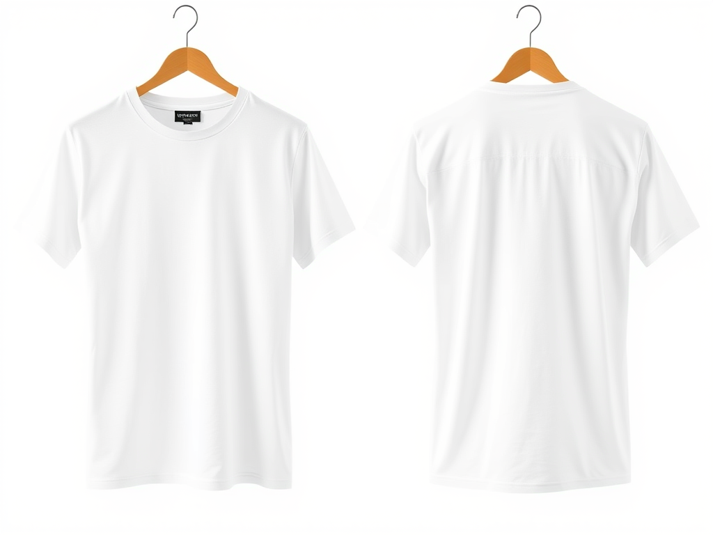 Create a high-resolution image of a plain white t-shirt, front and back view, using a DSLR camera with a 50mm lens, aperture set to f/2.8, ISO 100, in natural light, with a shallow depth of field to enhance the fabric texture.