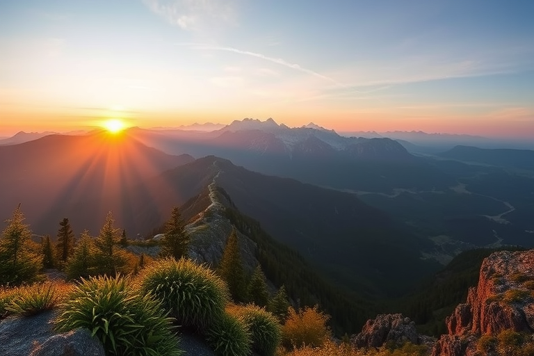 Create a high-resolution image of a serene mountain landscape at sunrise, with a Canon EOS R5 camera, settings at ISO 100, f/8 aperture, and a shutter speed of 1/100 seconds, shot in landscape orientation with a wide-angle lens for a panoramic view.