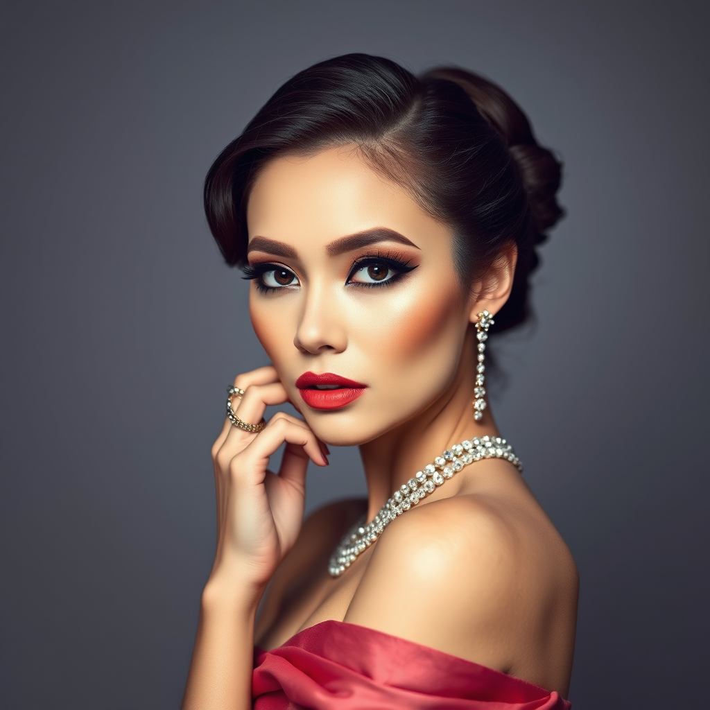 Studio portrait, female model, elegant couture dress, bold makeup, dramatic lighting, Shoot over the shoulder using a telephoto lens to focus on small details like jewelry, makeup, or fabric textures