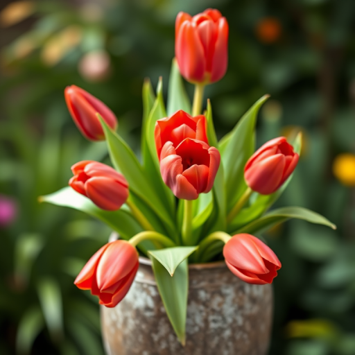 photograph a bouquet of red tulips in a rustic pot with green leaves, soft focus background with natural greenery, DSLR camera, f/2.8 aperture, 1/200 sec shutter speed, ISO 100, natural lighting, macro lens, vibrant colors, warm tones