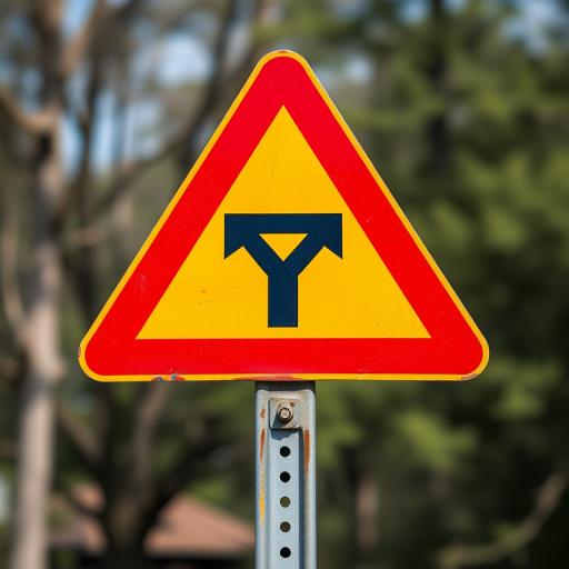 Create a high-resolution image of a triangular warning sign with a red border and a black arrow symbol in the center, shot with a DSLR camera at f/5.6 aperture, ISO 100, shutter speed 1/200 sec, in natural daylight, with a shallow depth of field to focus on the sign against a blurred background.