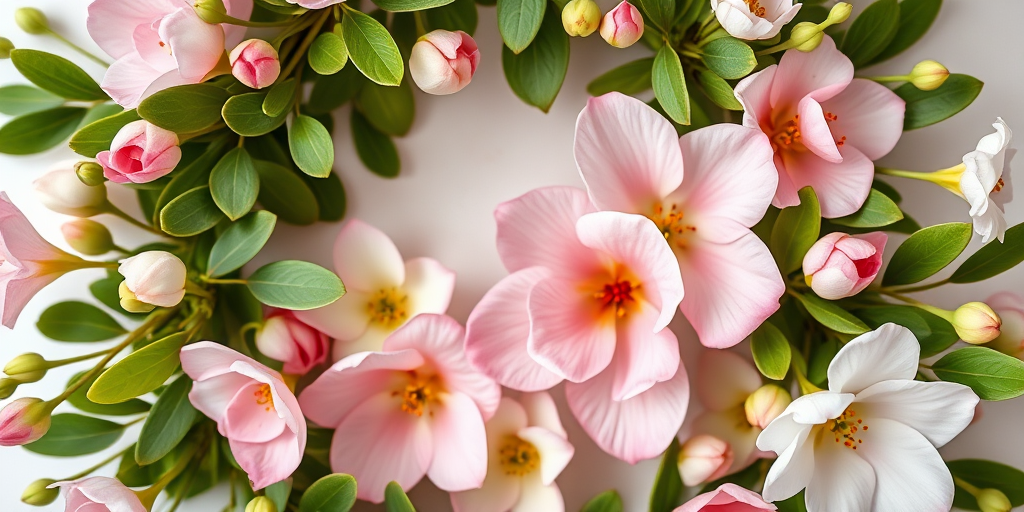 create a vibrant floral wreath with soft pastel colors featuring blooming flowers and green leaves, shot with a Canon EOS 5D Mark IV at f/2.8, ISO 100, 50mm lens, top-down view, shallow depth of field, high dynamic range for enhanced color detail