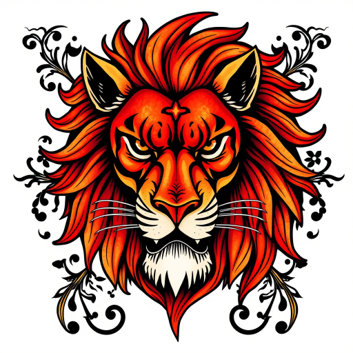 Neo-traditional tattoo "Fierce Guardian" showcasing a majestic lion with a vibrant mane of deep reds and oranges, adorned with ornate filigree details and bold black outlines