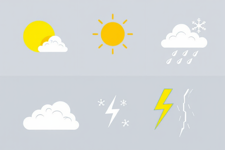 create a weather icon illustration featuring a bright sun, partially cloudy skies, rain with clouds, snowflakes, and lightning with a camera view of 45 degrees, camera type digital, camera style vector art, aperture f/8, ISO 100, shutter speed 1/200s