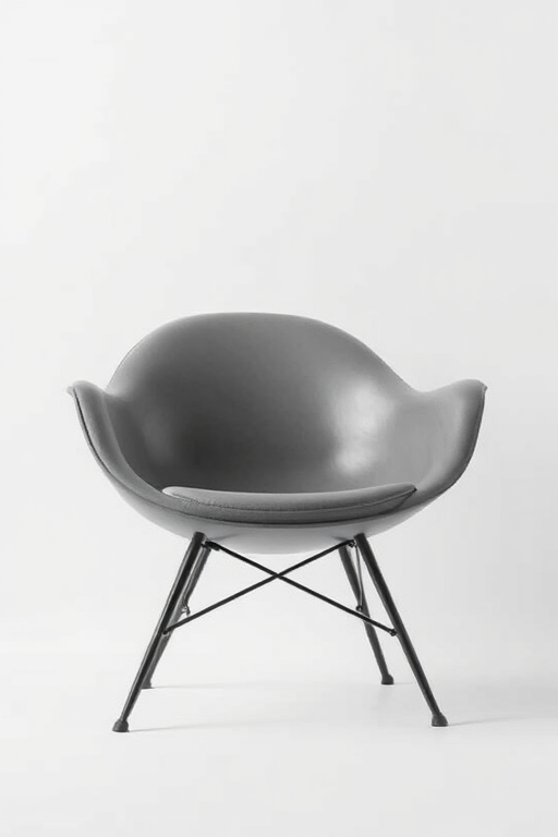 Create a high-resolution grayscale illustration of a sleek, modern minimalist chair against a plain background, captured with a DSLR camera at f/2.8 aperture, ISO 100, 50mm lens, and a slightly elevated angle for depth.