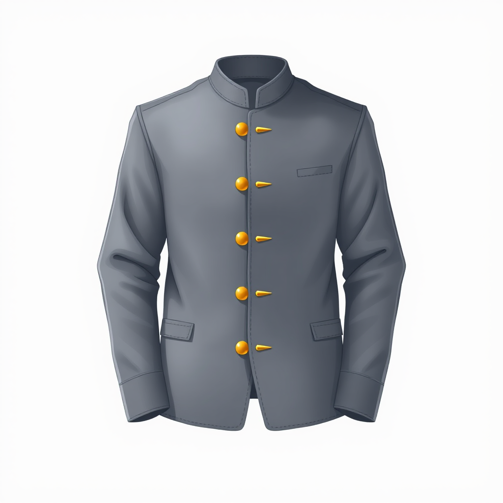Create a high-resolution illustration of a grey traditional jacket with golden buttons, front view, using a digital art style, 300 DPI, soft lighting, and a clean background.