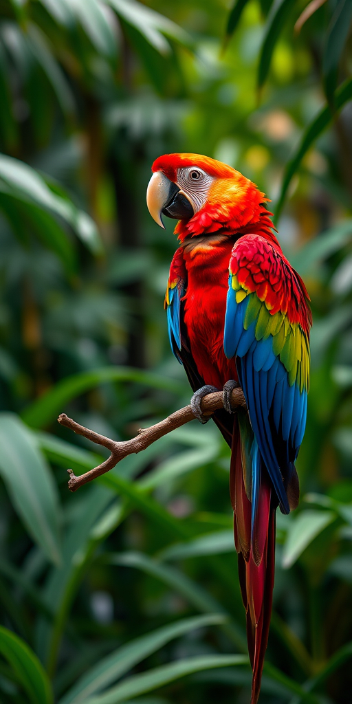 A vibrant scarlet macaw perched on a branch in a lush tropical rainforest, captured with a Canon EOS R5, 85mm f/1.4 lens, aperture f/2.8, ISO 200, natural lighting, shallow depth of field for enhanced background blur.