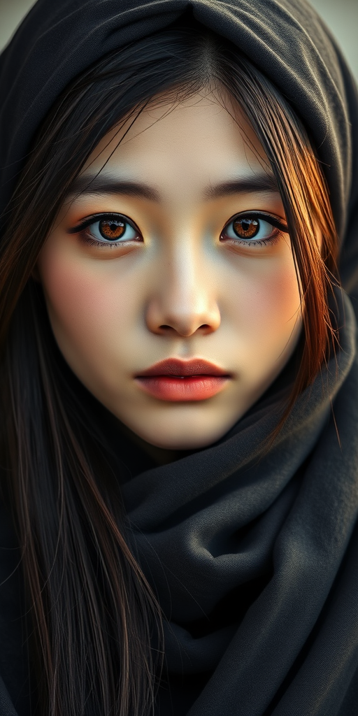 Create a portrait of a young japanese woman with long, dark hair and captivating hazel eyes. She is wearing a dark headscarf and a matching scarf draped gracefully around her neck. The background is softly blurred, focusing attention on her serene and natural expression. The overall color palette is muted and warm, enhancing the intimate and authentic feel of the portrait.