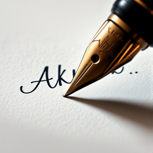 Create a detailed illustration of a fountain pen writing the name "Akmal" in elegant cursive, using a high-resolution digital camera with a macro lens, aperture set to f/2.8, ISO 100, shot from a top-down angle, focus on the nib and ink flow to enhance detail and clarity.