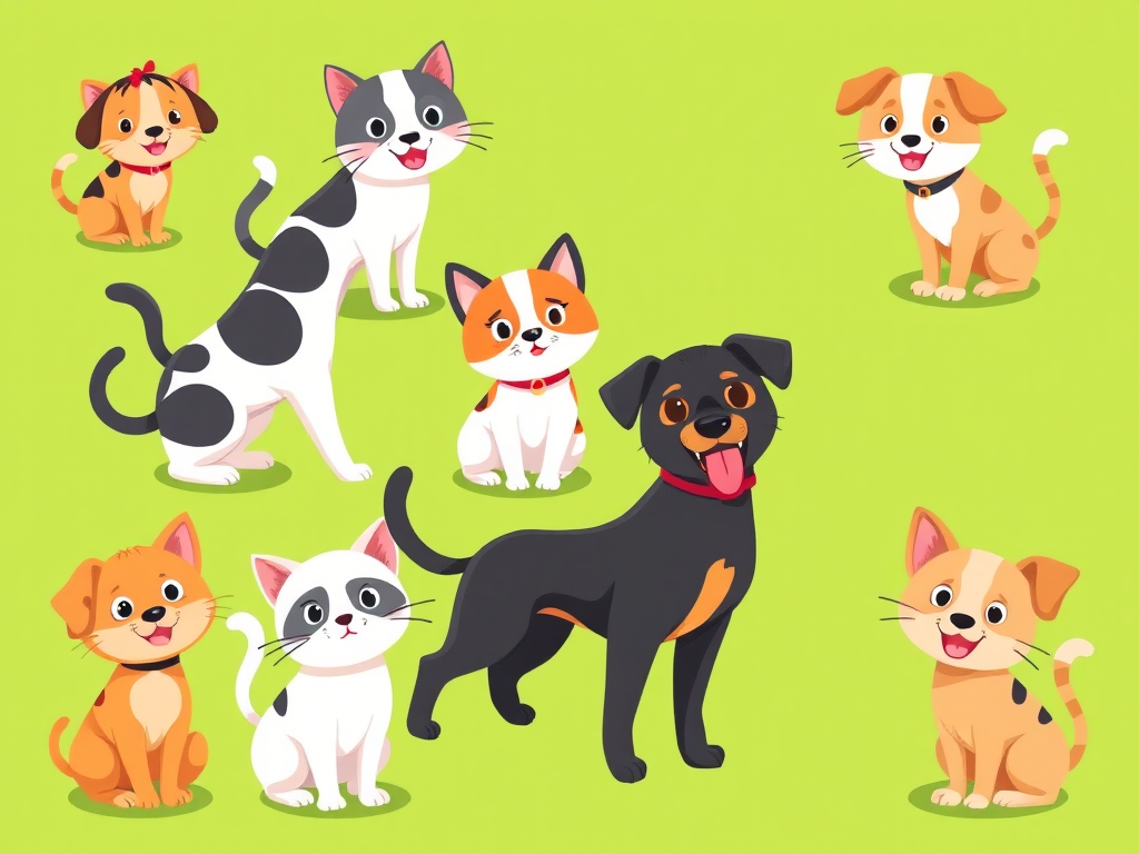 Create a vibrant cartoon-style illustration of playful cats and dogs in a grid layout on a bright green background, using a high-resolution camera with a 35mm lens, f/2.8 aperture, and natural lighting for enhanced clarity and colors.