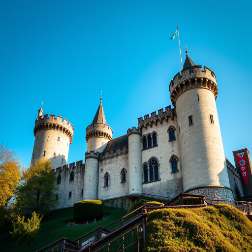 Create a high-resolution image of a medieval castle with tall towers and battlements under a clear blue sky, using a DSLR camera with a wide-angle lens at f/8, ISO 100, and a shutter speed of 1/200s for sharp detail and vibrant colors.