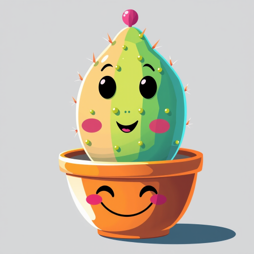 Create a digital illustration of a friendly-looking cactus in a smiling pot, vibrant colors, sharp details, with a 50mm lens, f/2.8 aperture, soft lighting, and a focus on the cactus texture, using a DSLR camera style.