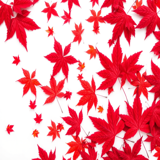 high-resolution close-up of red maple leaves scattered on a white background, f/2.8 aperture, 50mm lens, Canon DSLR, natural lighting for sharp details and vibrant colors