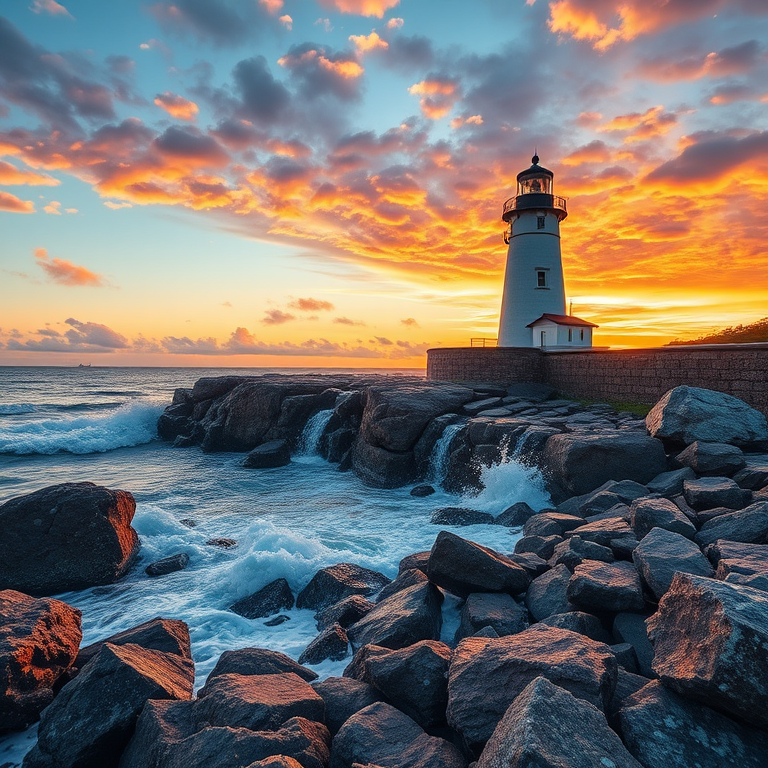 Create a vibrant watercolor painting of a lighthouse on a rocky shore during sunset, capturing dramatic waves crashing against the rocks, with a warm, colorful sky filled with clouds, using a Canon EOS R5 with a 24-70mm f/2.8 lens at f/8, ISO 100, and a slight tilt-shift effect for depth.