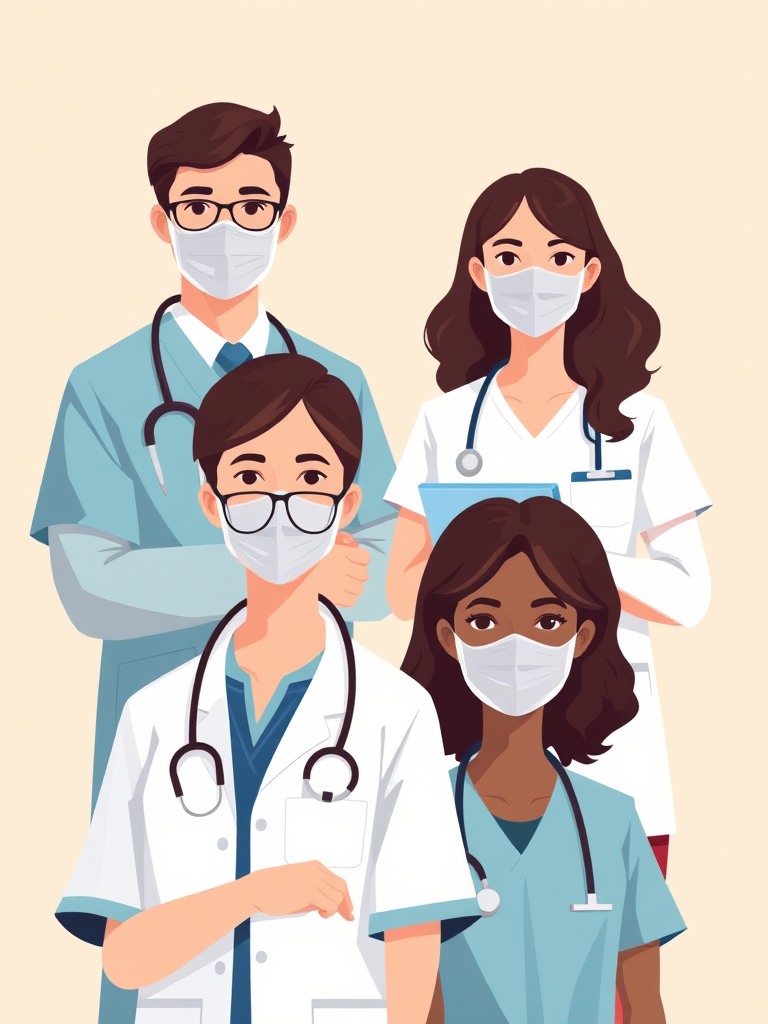 Create an illustration of four healthcare professionals including a doctor, nurse, and two medical staff members, in a flat design style, with a soft beige background, using a digital art technique, simulated DSLR camera settings 50mm lens, f/4 aperture, and natural lighting for enhanced clarity and vivid colors.