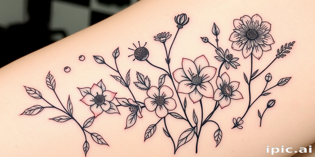 Botanical line art tattoo named "Delicate Flora" showcasing finely detailed flowers leaves and stems rendered in minimalist black lines with occasional pops of color for emphasis creating an elegant and understated design