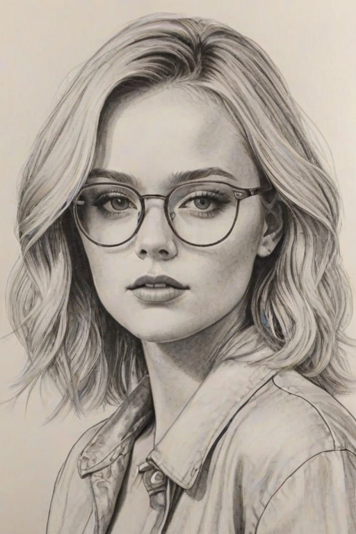 Sublime Zara Larsson, pencil sketch, portrait of Wonderful woman 1975s in glasses, hair style beatnik, outline, clear lines, fine lines, 8k