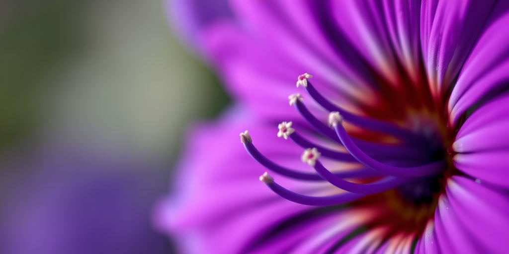 Close-up of a vibrant purple flower with intricate petal details, soft bokeh background, 50mm lens, f/2.8 aperture, ISO 200, natural light.
