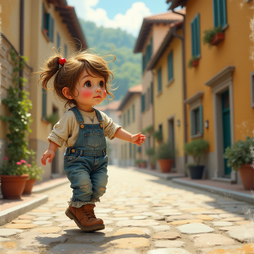Whimsical little 3-year-old girl wearing scruffy tomboy clothes, boots, messy hair heavily blushed cheeks, pink lips, closely dancing in the street of an Italian village,Textured painterly fantasy artistic mixed media