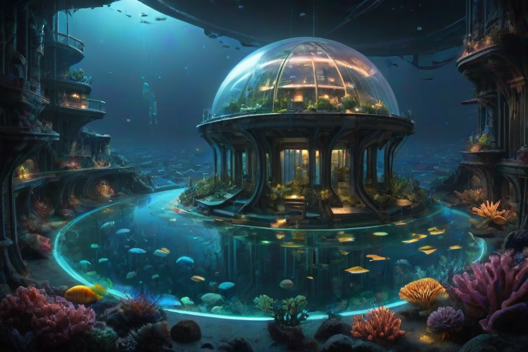 a surreal depiction of a sunken metropolis, sitting beneath the ocean, surrounded by a giant glass dome with buildings and bustling streets. Outside the dome, bioluminescent marine life glides gracefully by, bathing the cityscape in a soft, ethereal garden of glowing artificial corals, outfitted with LEDs that change color to reflect the time of day or weather changes. Neon-colored lines embedded in the seafloor outline different city areas, while intricate patterns of glowing veins soften the landscape. Fiber-optic cables run through the city, their ends gleaming to form a radiating line, and fish swim around.