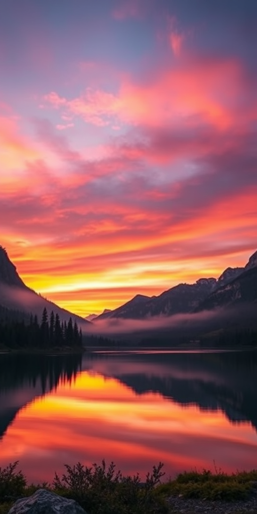 Create a high-resolution image of a serene mountain landscape at sunrise, with vibrant colors in the sky reflecting on a calm lake, shot from a wide-angle view using a DSLR camera with a 24mm lens, aperture set to f/8, ISO 100, and a shutter speed of 1/125 sec.