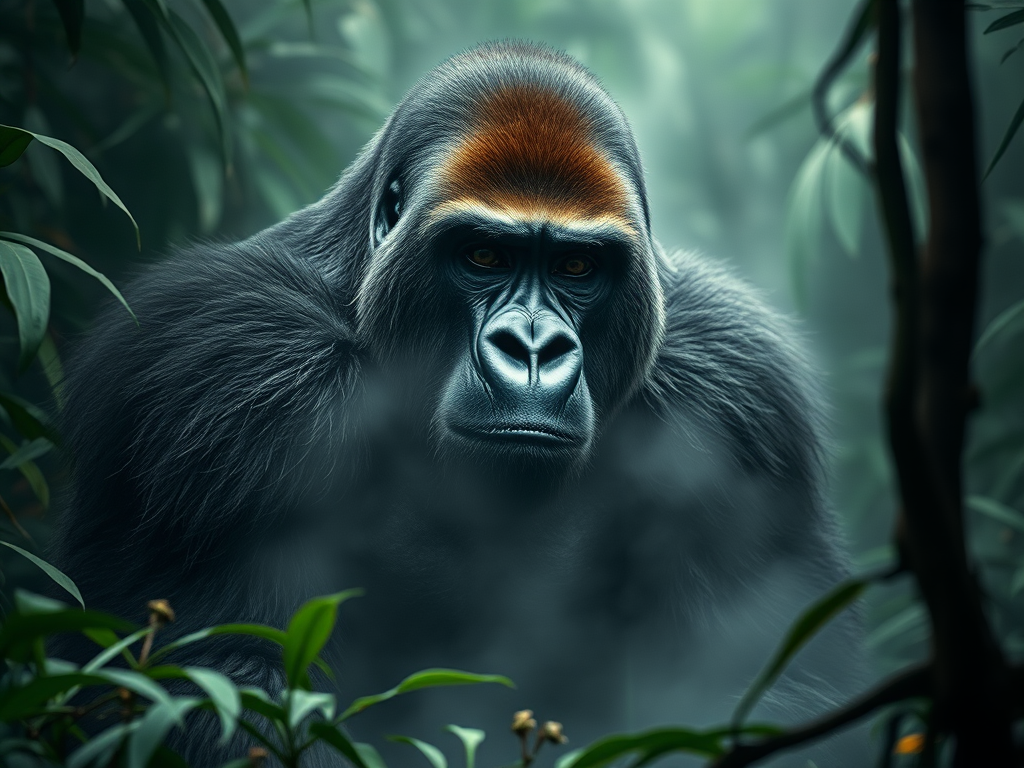 Generate a hyper-realistic image of a massive gorilla in a misty jungle setting, captured with a Canon EOS R5, 24mm lens, f/2.8, ISO 100, using a wide-angle perspective and dramatic lighting to highlight the textures of the gorilla's fur and the surrounding mist.