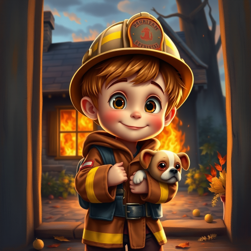 airbrushed oil painting, pixar style, cute little boy in fireman gear, helmet, tousled hair, expressive eyes, standing in the doorstep of a cottage burning behind him, holding a cute little dog in his arm, atumn sky