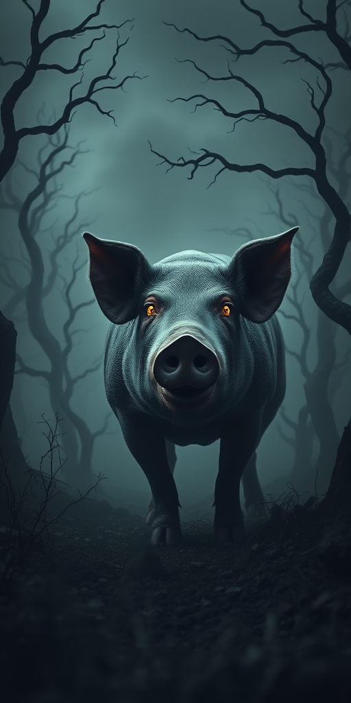 Create a surreal image of a giant pig with glowing eyes emerging from a dark, misty landscape filled with twisted trees and ominous shadows, captured with a DSLR camera at f/2.8, ISO 100, 24mm lens, using a low-angle view and soft-focus background to emphasize the creature.