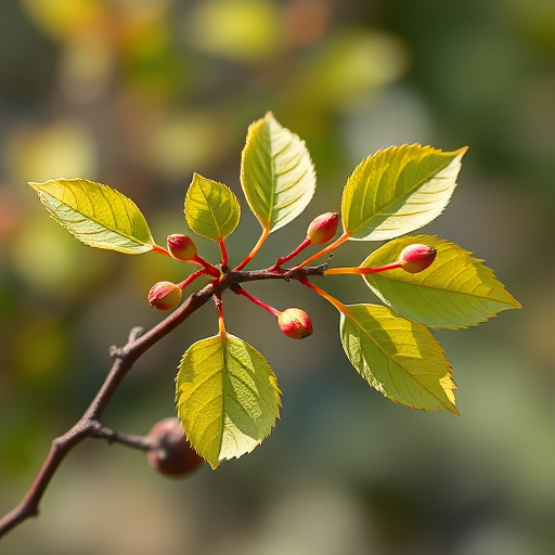 Create a high-resolution illustration of a delicate branch with leaves and buds, shot with a 50mm lens at f/2.8, ISO 100, natural light, from a top-down view, using a DSLR camera for sharp detail and vibrant colors.