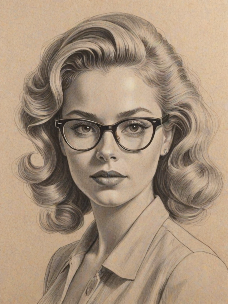 Beauteous Allie Grant, pencil sketch, portrait of Stunning woman 1947s in glasses, hair style beatnik, outline, clear lines, fine lines, 8k