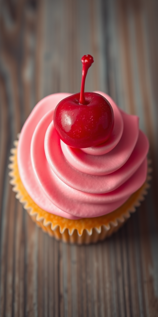 Generate a high-resolution image of a cupcake with pink frosting and a cherry on top, using a 50mm lens, aperture f/2.8, ISO 100, top-down view, using a digital DSLR camera, and vibrant colors for enhanced visual appeal.