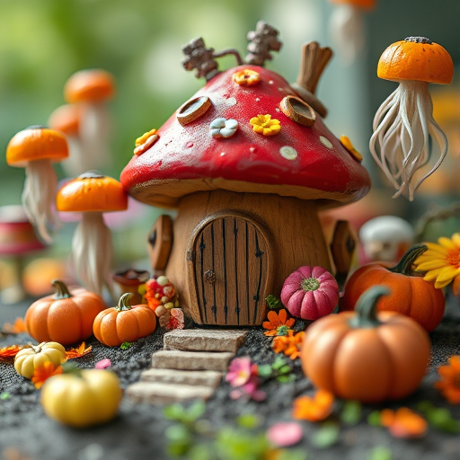 A whimsical mushroom house surrounded by colorful pumpkins and fantastical jellyfish, captured in vibrant colors with a shallow depth of field, using a DSLR camera with a 50mm lens, f/2.8 aperture, ISO 100, and natural daylight.