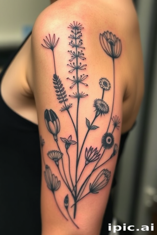 Botanical illustration tattoo named "Flora's Secret" featuring scientifically accurate renderings of various plant species, with delicate linework and subtle shading creating a vintage-inspired, naturalistic design