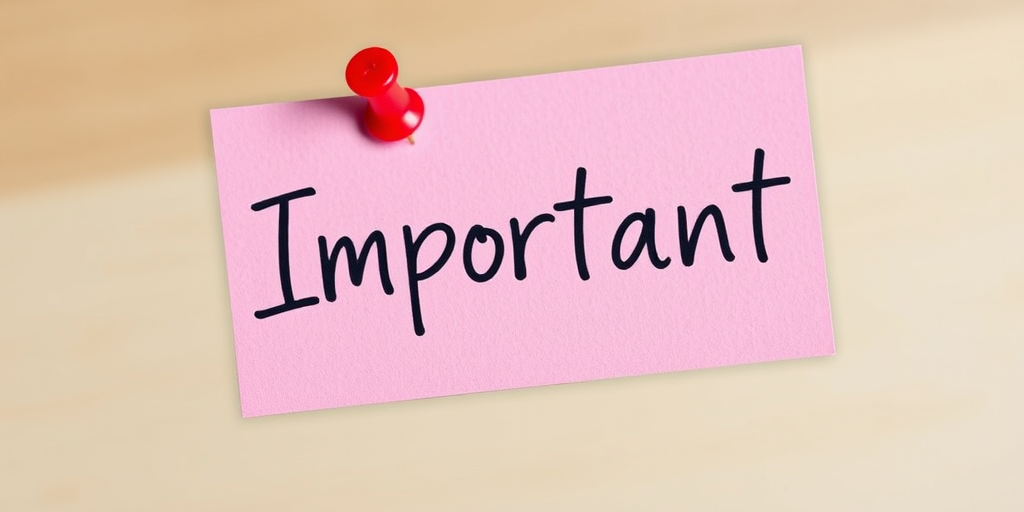 Create an image of a pink note card with the word "Important" written in bold, artistic handwriting, pinned with a red thumbtack, using a DSLR camera, focal length 50mm, aperture f/2.8, ISO 100, natural light, and a shallow depth of field for a soft background.
