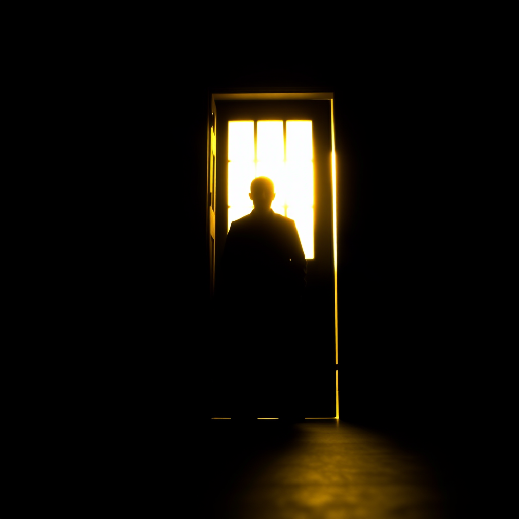 a silhouette of a person standing in a doorway with bright yellow light spilling into a dark room, captured using a full-frame camera with a 50mm lens, aperture set to f/1.8, ISO 200, shutter speed 1/100s, in a narrow depth of field for sharp focus on the silhouette, utilizing a dramatic low-angle view for impact