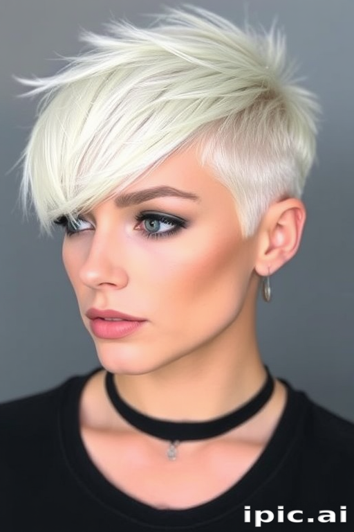 Striking platinum blonde pixie cut with asymmetrical bangs, dubbed "Arctic Frost," boasting shaved sides and a textured crown for an edgy yet sophisticated look