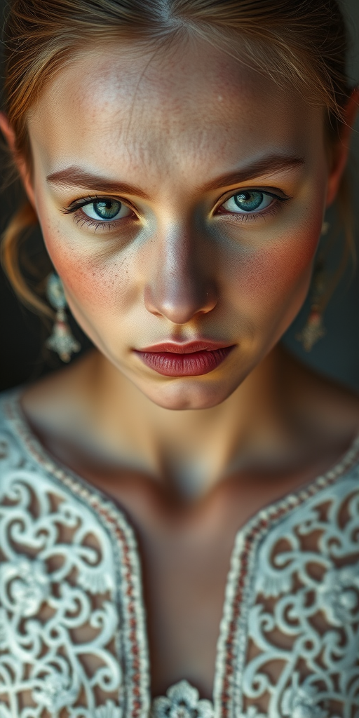 Face, shoulders, chest covered in openwork Druze embroidery. Raw, unedited image.